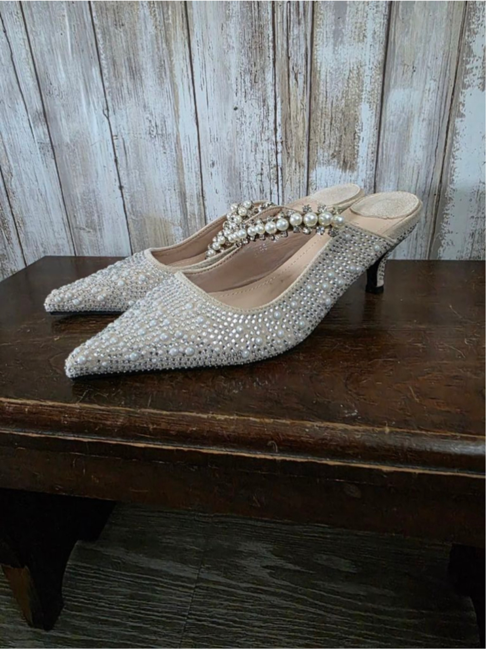Women's Aixiexu Beige Rhinestone Pearl Kitten Heel Mules Size 5.5
